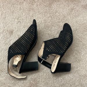 Peep Toe Black Mesh Suede Heels